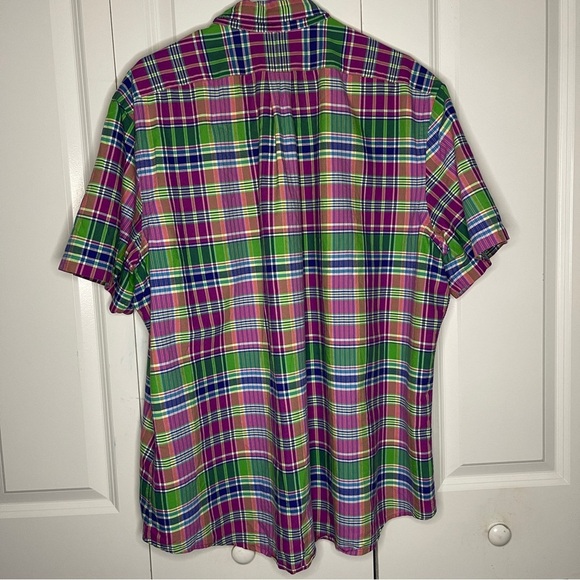 Ralph Lauren Pink Green Plaid Button Up XXL 2XL Flesh Pony Short Sleeve Cotton - Picture 5 of 7